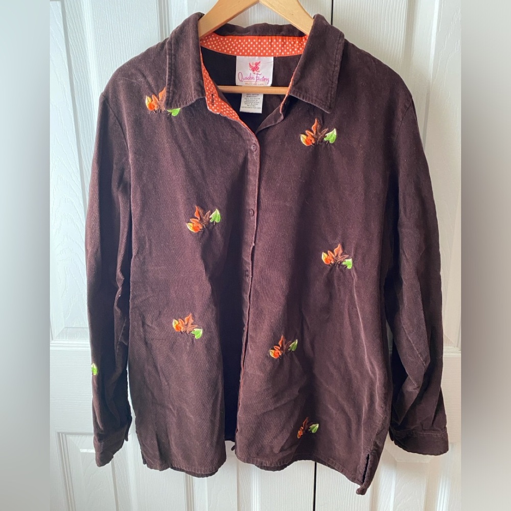 Quacker Factory Brown Corduroy Embroidered‎ Leaf Fall Button Up Shirt SZ L